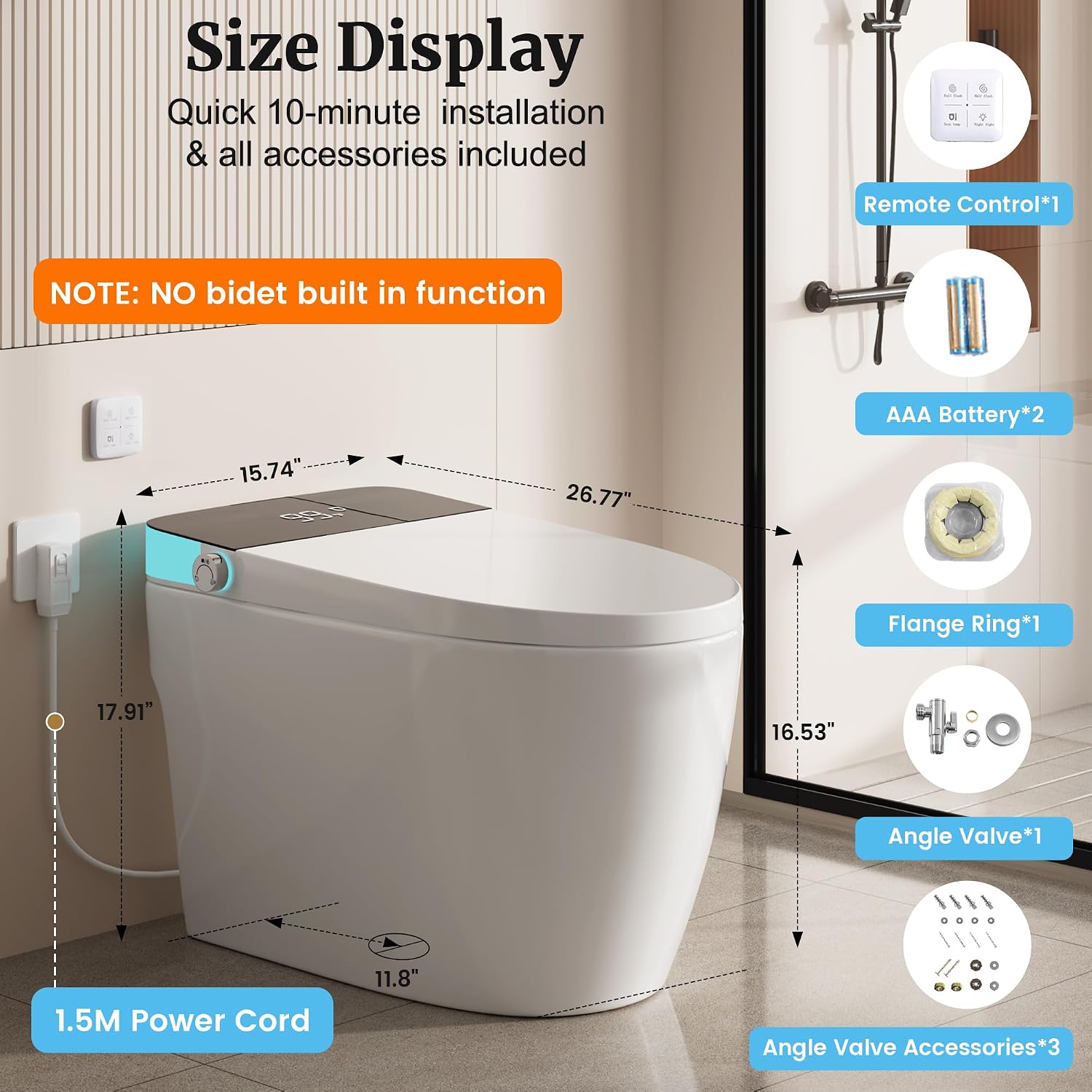 Smart Toilet with Elongated Heated Seat, Auto Flush, Manual Soft-Close Seat & Lid, Night Light, Electric Tankless Toilets with Dual Flush 0.8/1 GPF, MAP 1000g
