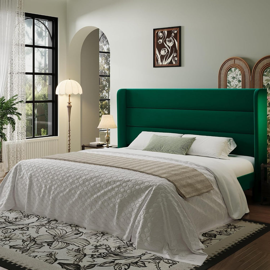 SHA CERLIN King Size Velvet Bed Frame with Wingback Headboard/Upholstered Platform Bed with Wooden Slats/Mattress Foundation/No Box Spring Needed/Easy Assembly/Green