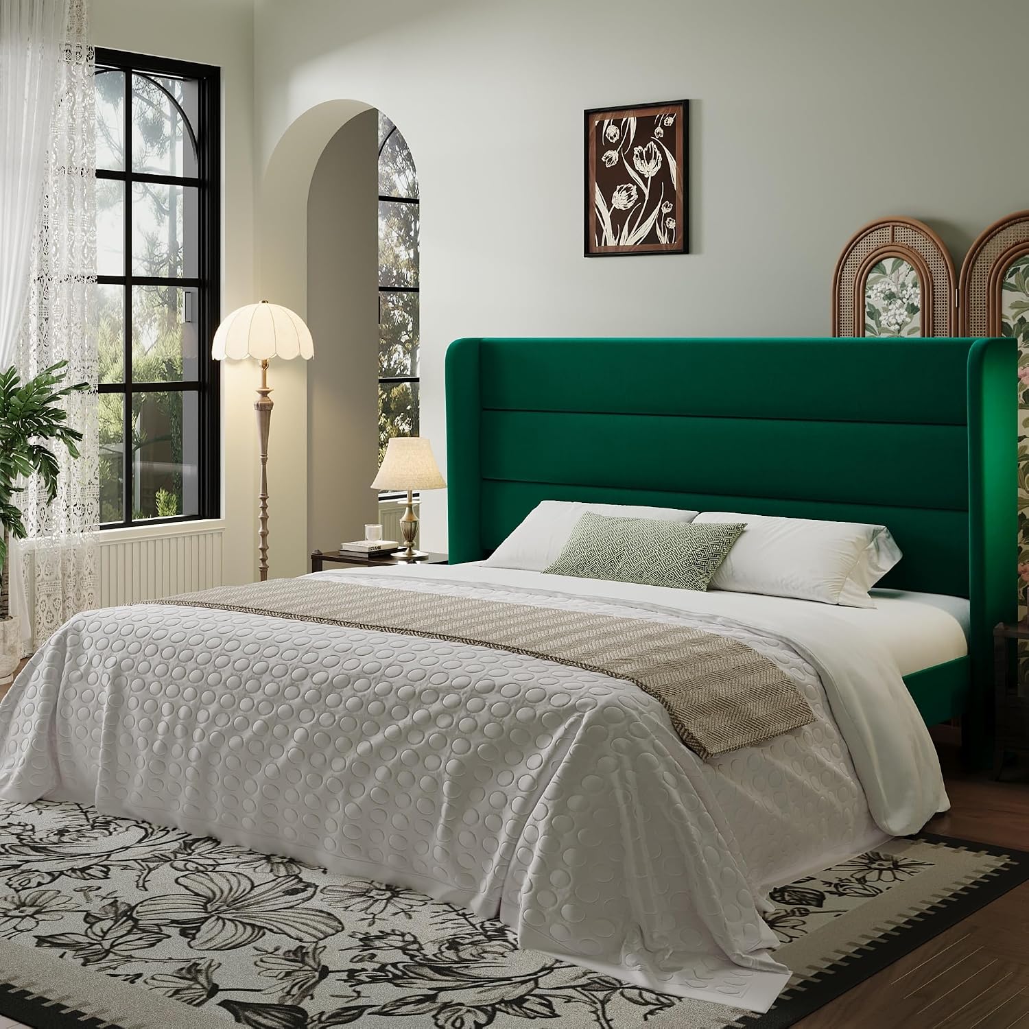SHA CERLIN King Size Velvet Bed Frame with Wingback Headboard/Upholstered Platform Bed with Wooden Slats/Mattress Foundation/No Box Spring Needed/Easy Assembly/Green
