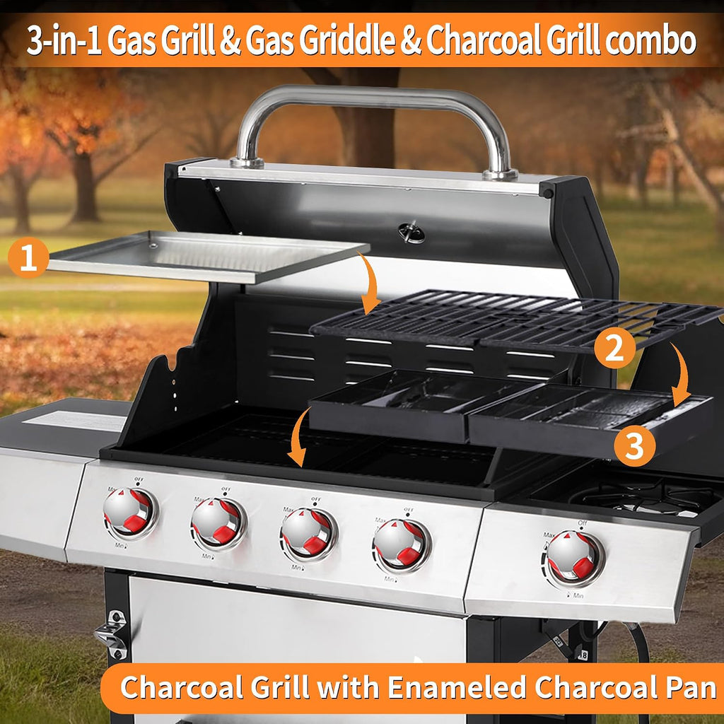 4-in-1 Propane & Charcoal Grill Combo, 4-Burner Gas Griddle with Side Burner, Cast Iron Grates, Outdoor BBQ for Patio & Backyard