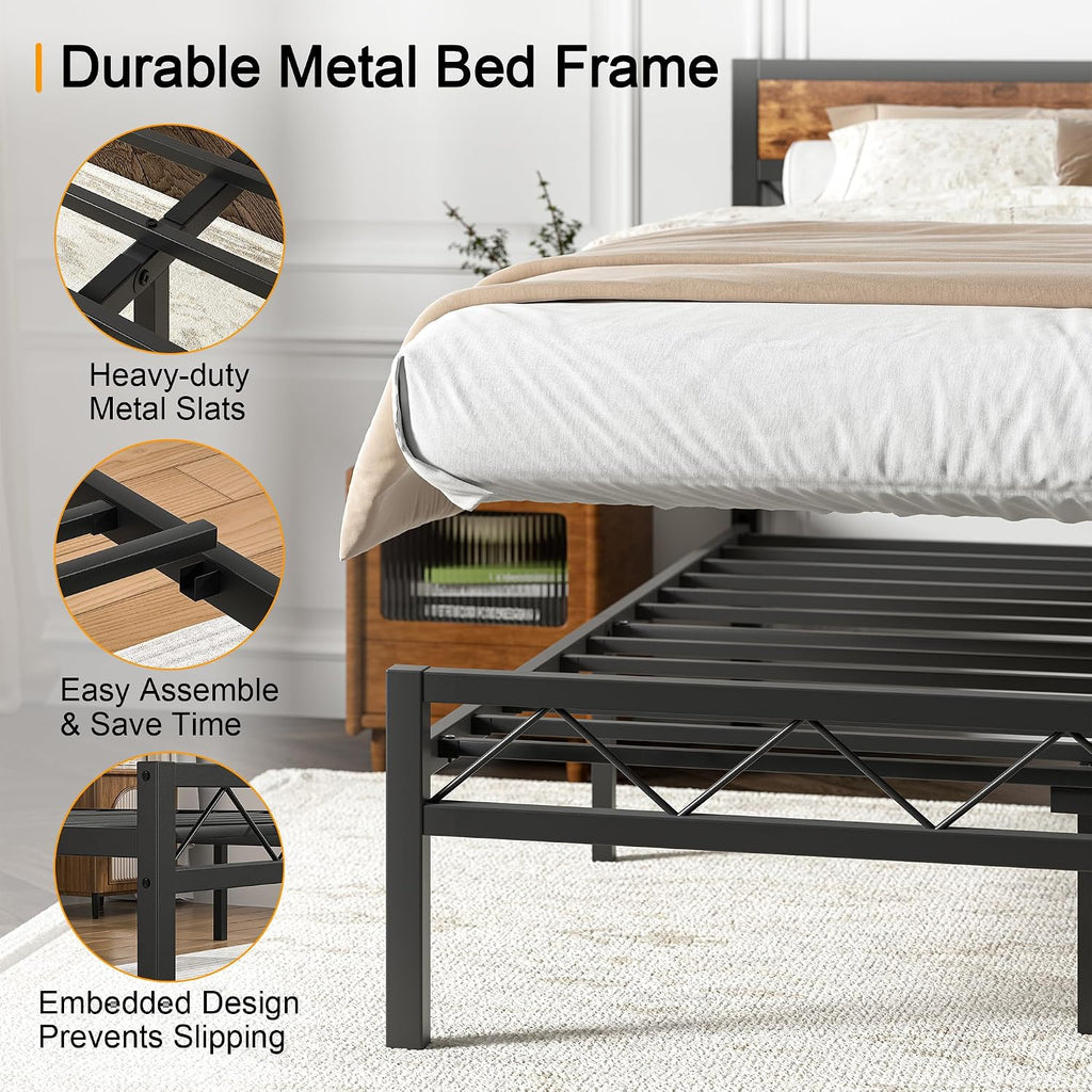 VECELO 2 Twin Bed Frame Set Metal Platform with Wooden Headboard, Heavy-Duty Metal Slats Support, No Box Spring Needed, Non-Slip, Noise Free, Easy Assembly, Black & Brown
