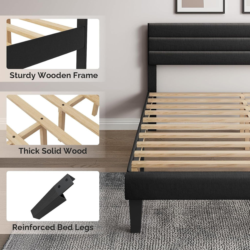 VINGLI Full Faux Leather Bed Frame, Upholstered Platform Bed with Adjustable Headboard, Wood Mattress Foundation with Heavy Duty Slats Support,Luxury Modern,No Box Spring Needed, Black