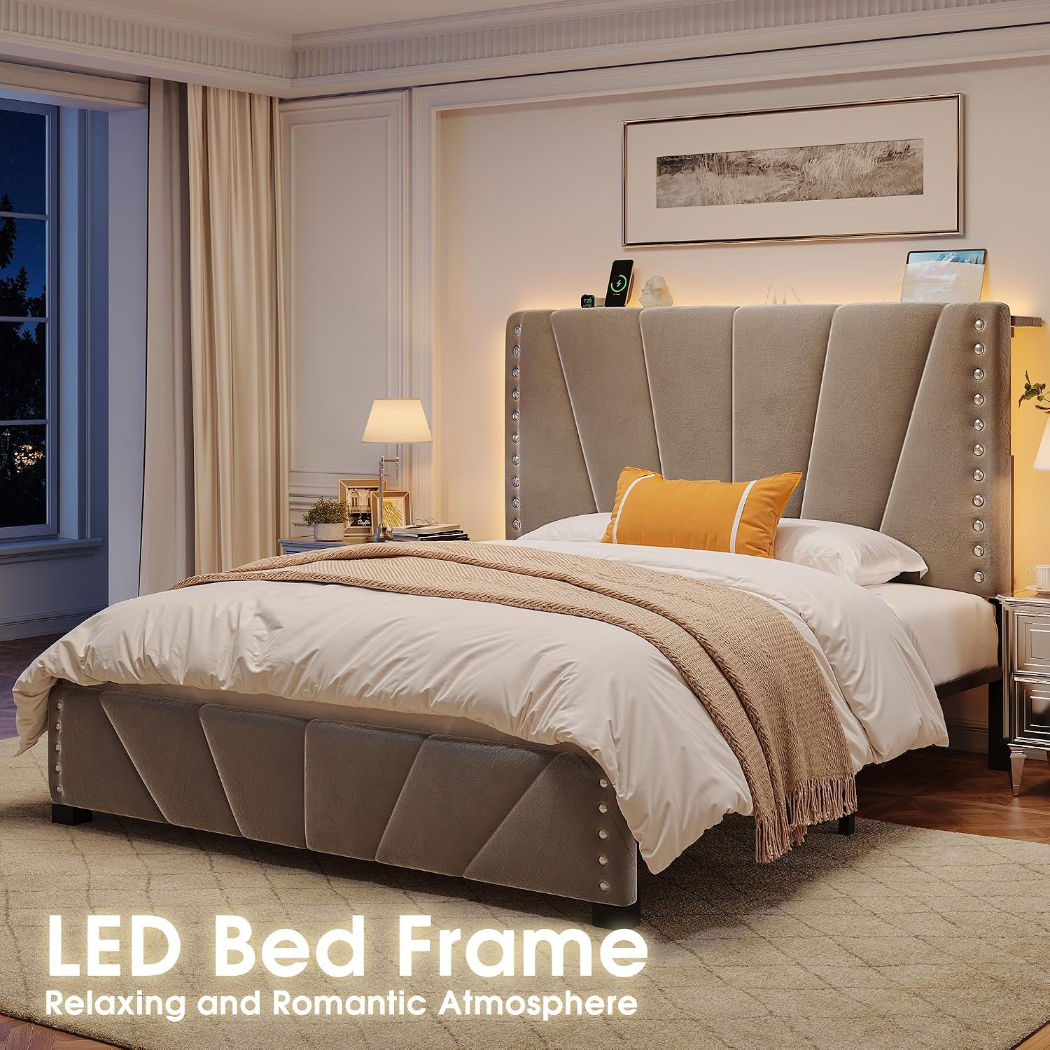 EnHomee Full Size Bed Frame with Velvet Upholstered Adjustable Headboard, LED Lights, and Charging Station for Bedroom, Apartment, and Dorm, No Box Spring Needed, Noise-Free, Easy Assembly, Gray