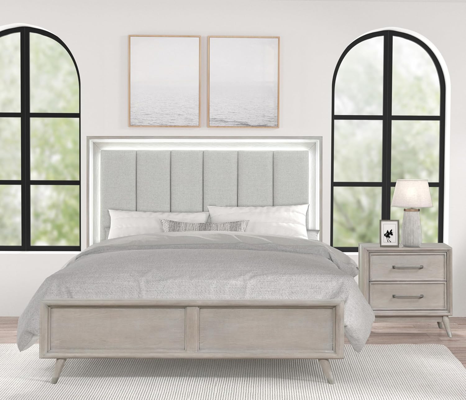 Roundhill Furniture Seluna 4-Piece Bedroom Set with Touch LED Lighting, Gray Oak Finish, King
