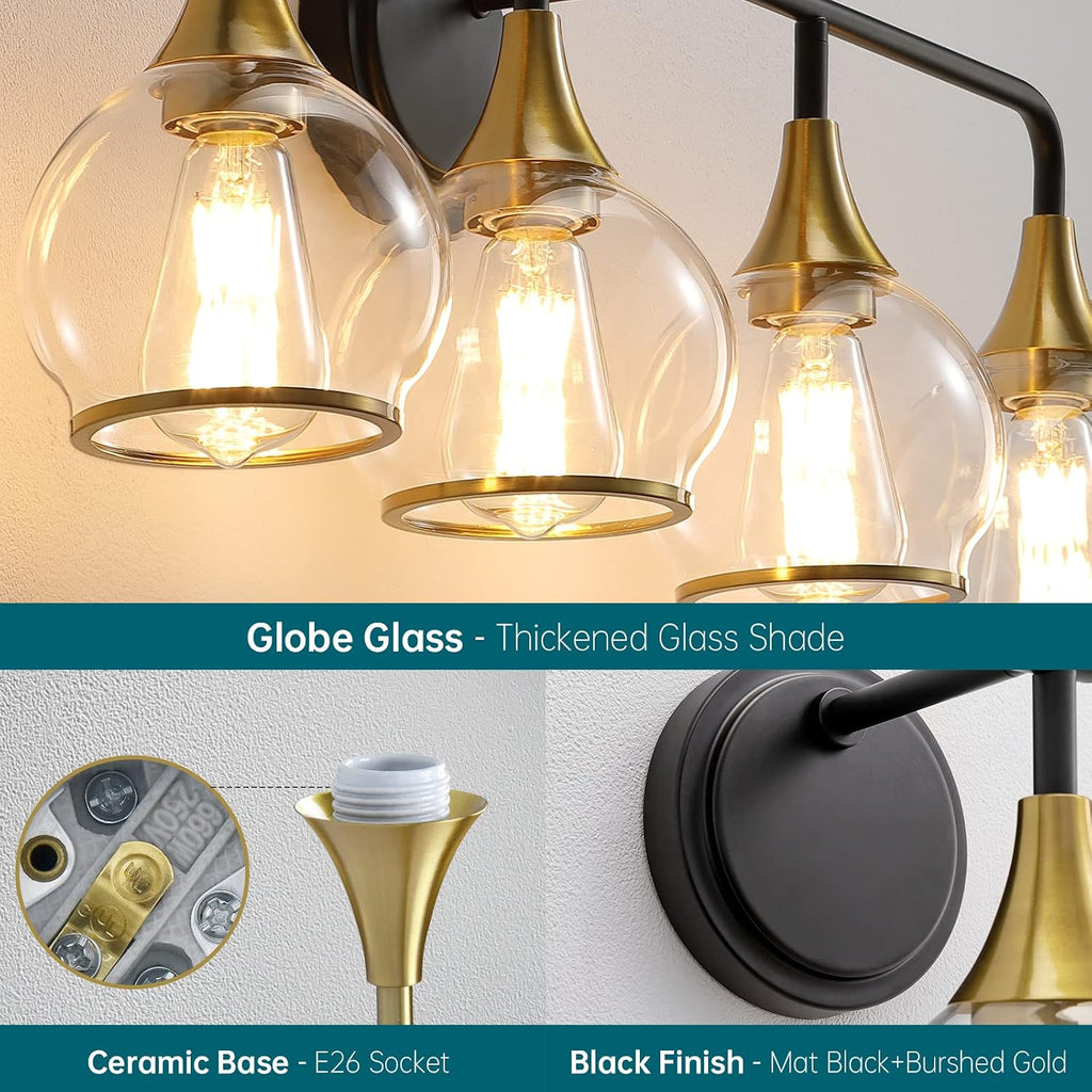 Black and Gold Bathroom Vanity Light 4-Light Bathroom Vanity Light Fixtures Over Mirror with Clear Glass Shade 30.7 inch Wall Sconce Lighting Bath(Exclude E26 Bulb)