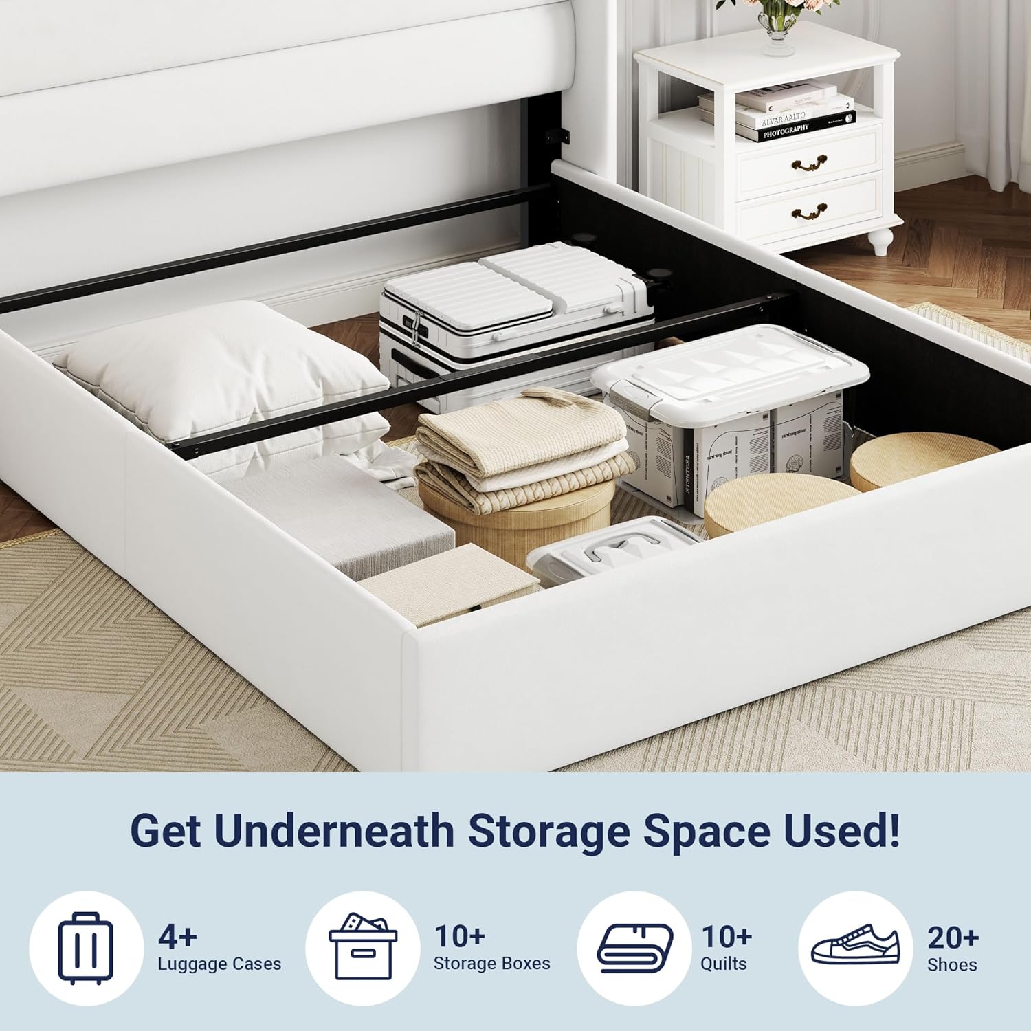 Allewie Queen Size Velvet Lift Up Storage Bed, Modern Wingback Headboard, Hydraulic Support, No Box Spring Needed, White