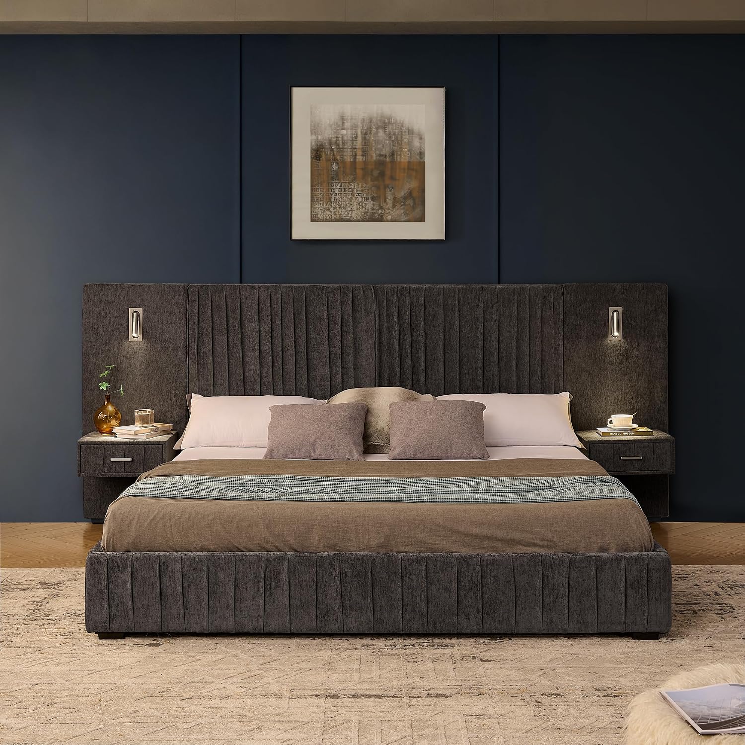 Upholstered King Size Bed Frame with Built-in Nightstands & Adjustable Lamps, No Box Spring Needed Platform Bed with Chenille Pleated Headboard, Sturdy Grounded Bedroom Set for Space-Saving