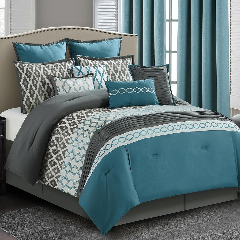 LANCO MODERN LIFESTYLE California King Comforter Set, Blue, 12 Piece Room in a Bag All Seasons, Luxury Extreme Comfort Bedding Sets with Curtains, Bedskirt, Pillow Shams, Euro Shams and Decor Pillows