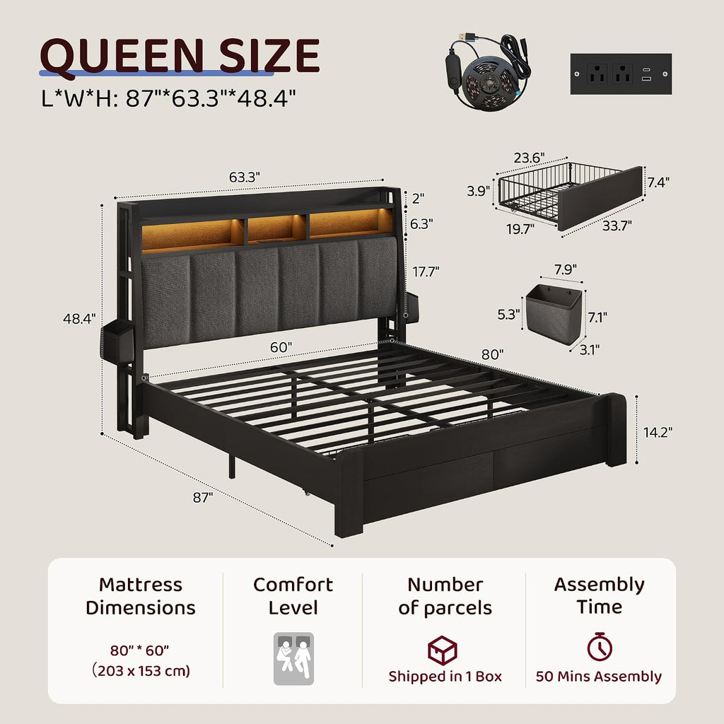 BRELTAM Queen Size Bed Frame with Storage Drawers Upholstered Bed with 2-Tier Storage Headboard and LED Light&Charging Station,Metal Platform Bed Frame Queen Size,Noise Free,No Box Spring Needed,Black