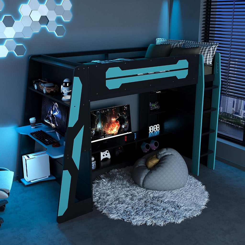 Bellemave Gaming Loft Bed with Desk and Lights, Twin Loft Bed with Storage Shelves and Work Station, Wood Loft Bed Frame for Kids, Boys, Girls, Teens, No Spring Box Needed & Dedicated Style, Blue