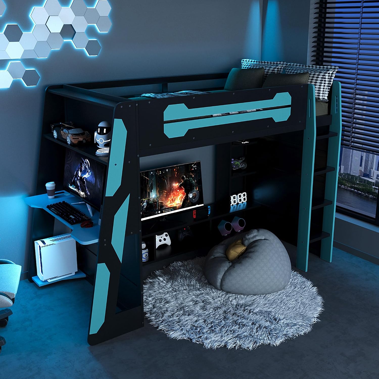 Bellemave Gaming Loft Bed with Desk and Lights, Twin Loft Bed with Storage Shelves and Work Station, Wood Loft Bed Frame for Kids, Boys, Girls, Teens, No Spring Box Needed & Dedicated Style, Blue