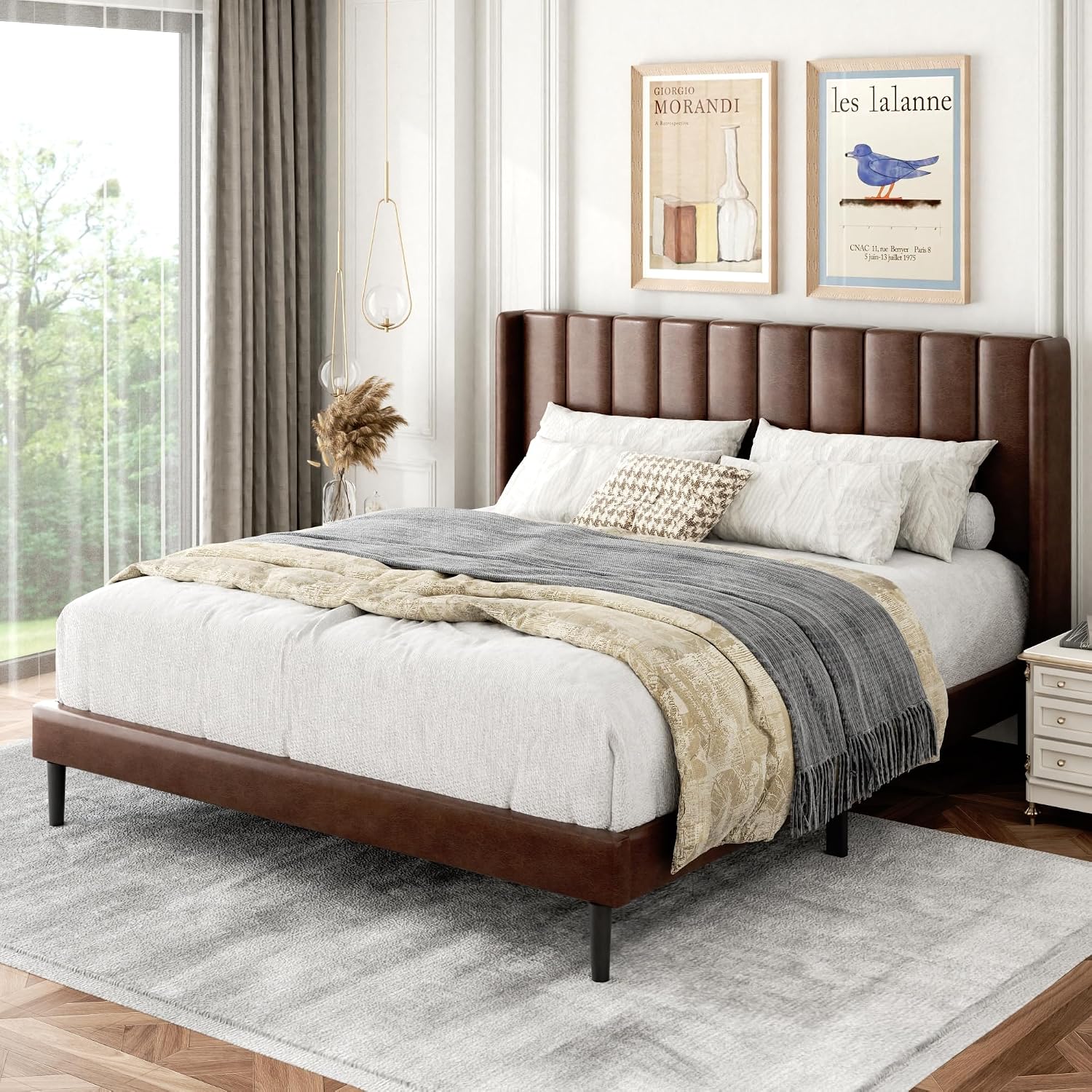 Gruwans Queen Size Bed Frame with Upholstered Wingback Headboard, Easy Assemnly Platform Bed, Wooden Slat Support No Box Spring Needed, Dark Brown Leather