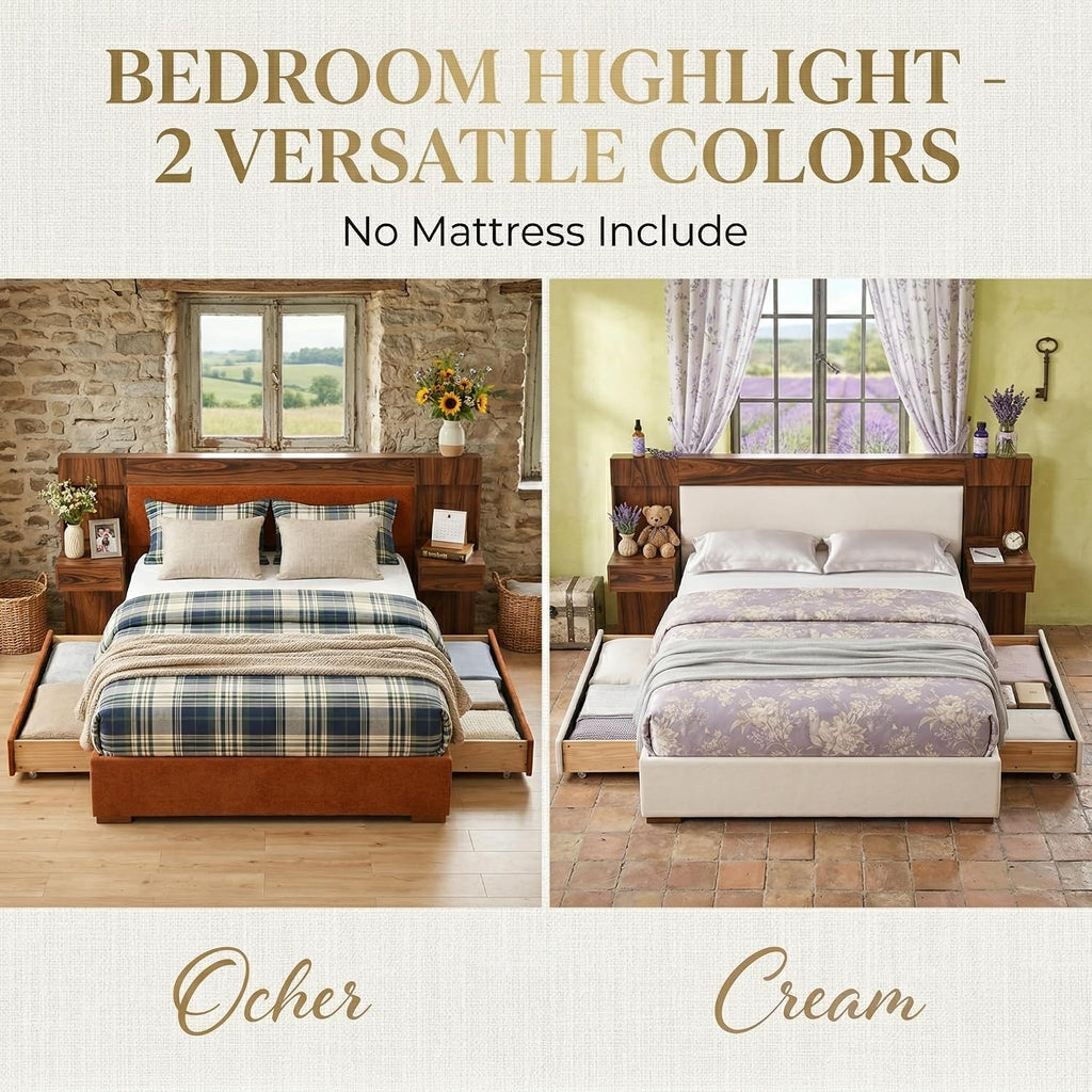 Queen Size Wood Bed Frame with Built-in Nightstands, Linen Platform Bed Frame with 2 Drawers, Natural Wood Grain & Luxury Upholstered Storage Headboard，No Box Spring Needed, Easy Assembly, Cream