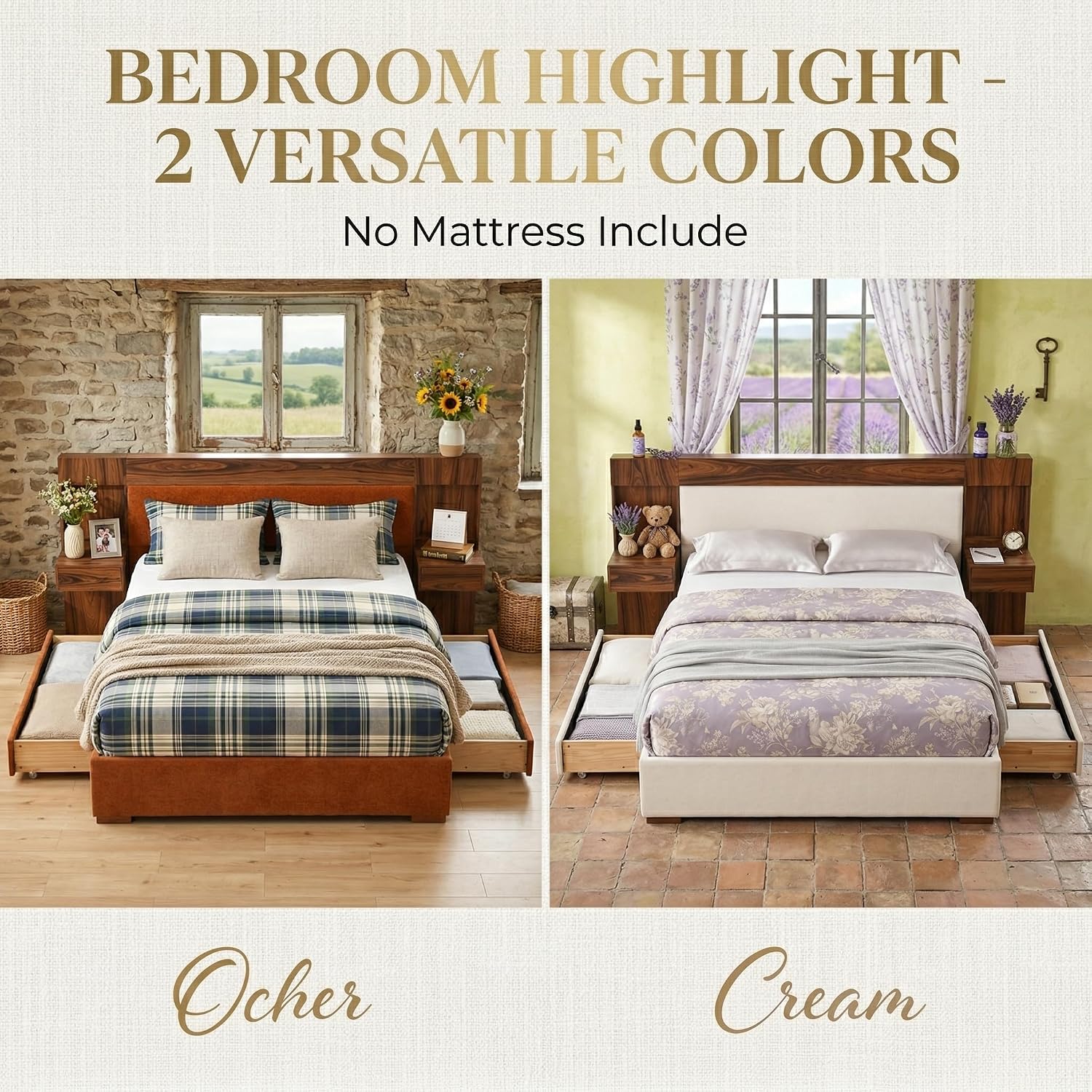 Queen Size Wood Bed Frame with Built-in Nightstands, Linen Platform Bed Frame with 2 Drawers, Natural Wood Grain & Luxury Upholstered Storage Headboard，No Box Spring Needed, Easy Assembly, Cream