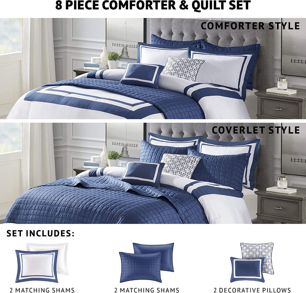 Madison Park Heritage Comforter Quilt Combo Set - Modern Luxury Design, All Season Down Alternative Bedding, Matching Shams, Decorative Pillows, King/Cal King(104'x92'), Color Block Navy 8 Piece
