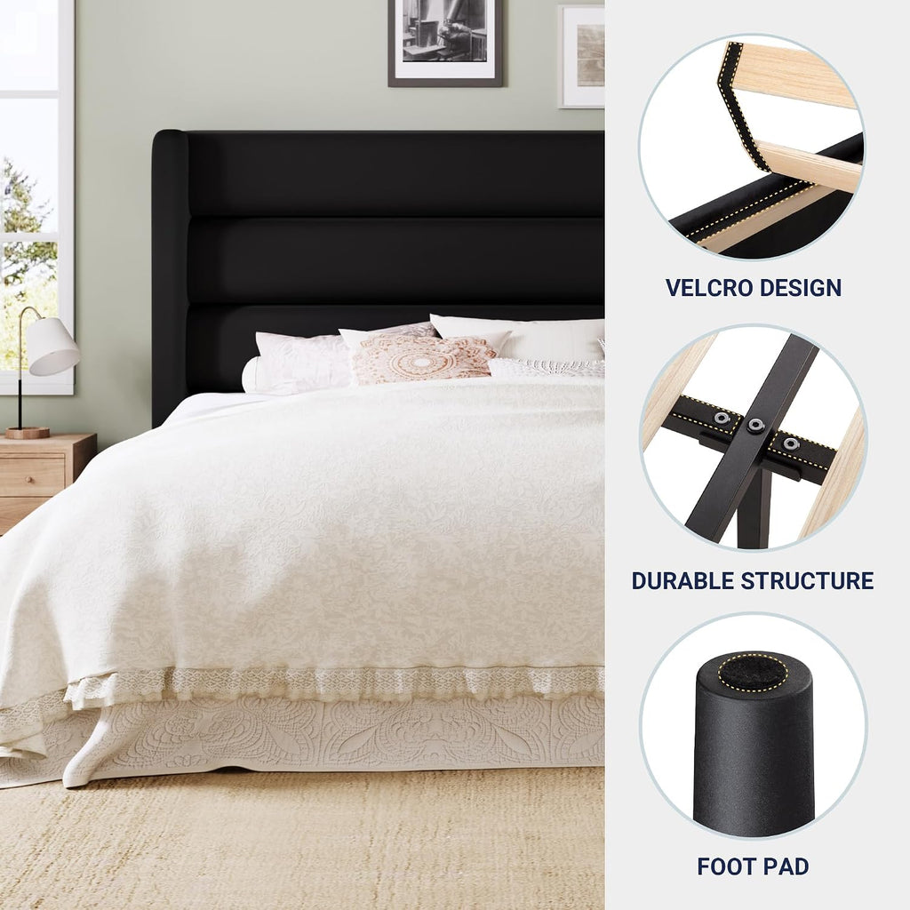 Allewie King Size Platform Bed Frame with Velvet Upholstered Wingback Headboard, No Box Spring Needed, Under Bed Storage Space, Strong Wooden Slats, Modern Mattress Foundation, Easy Assembly, Black