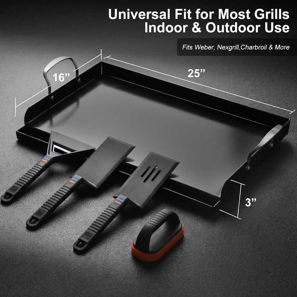 Cast Iron Griddle for Gas Grill with 5-Piece Silicone Griddle Tool Kit 25' x 16' Nano-Ceramic Nonstick Grill Griddle for Gas Charcoal Grills Flat Top Grill Accessories with Stainless Steel Core Tools
