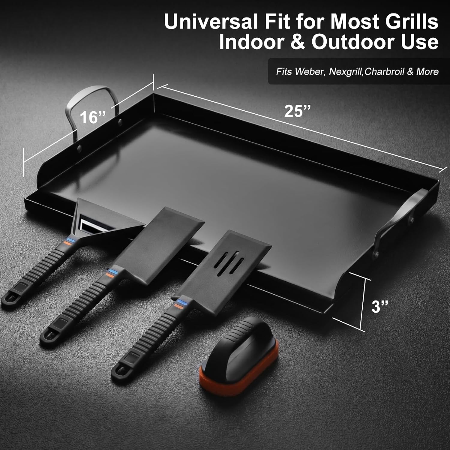 Cast Iron Griddle for Gas Grill with 5-Piece Silicone Griddle Tool Kit 25' x 16' Nano-Ceramic Nonstick Grill Griddle for Gas Charcoal Grills Flat Top Grill Accessories with Stainless Steel Core Tools