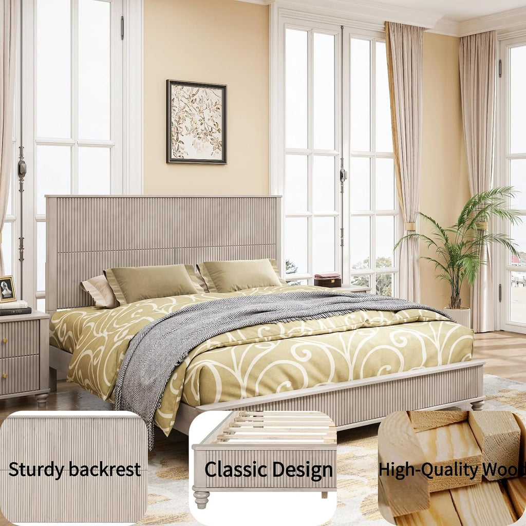 Wood King Size Bed Frame,King Size Platform Bed with Headboard,Tall Walnut Finish,No Box Spring Needed, Durable Slat Support for Memory Foam Mattresses, Elegant Design,Beige