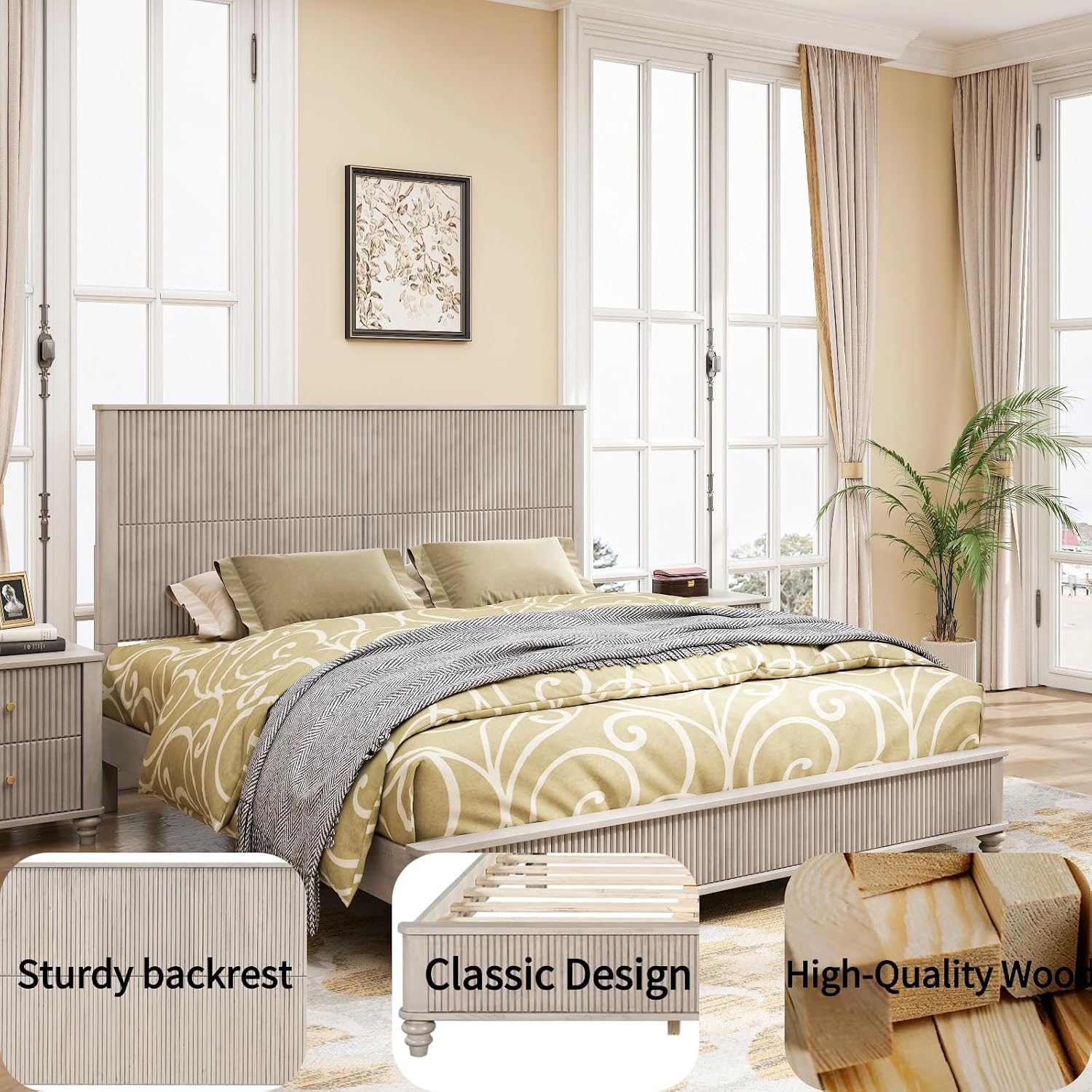 Wood King Size Bed Frame,King Size Platform Bed with Headboard,Tall Walnut Finish,No Box Spring Needed, Durable Slat Support for Memory Foam Mattresses, Elegant Design,Beige