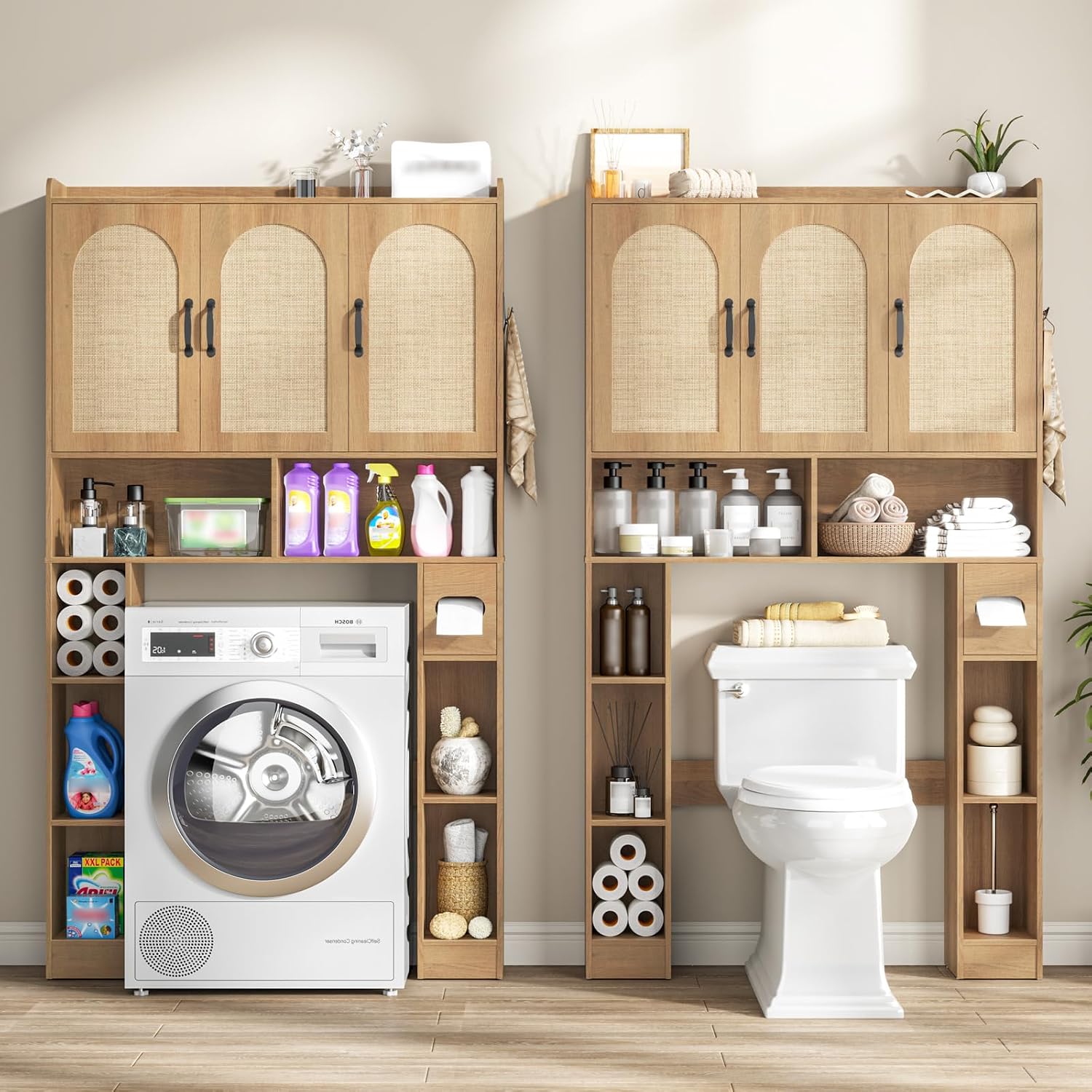 Vabches Over The Toilet Storage Cabinet,Farmhouse Over Toilet Bathroom Organizer with 3 Barn Doors & Toilet Paper Holder Stand,Home Space-Saving Toilet Rack with Shelves，for Bathroom,Restroom,Laundry