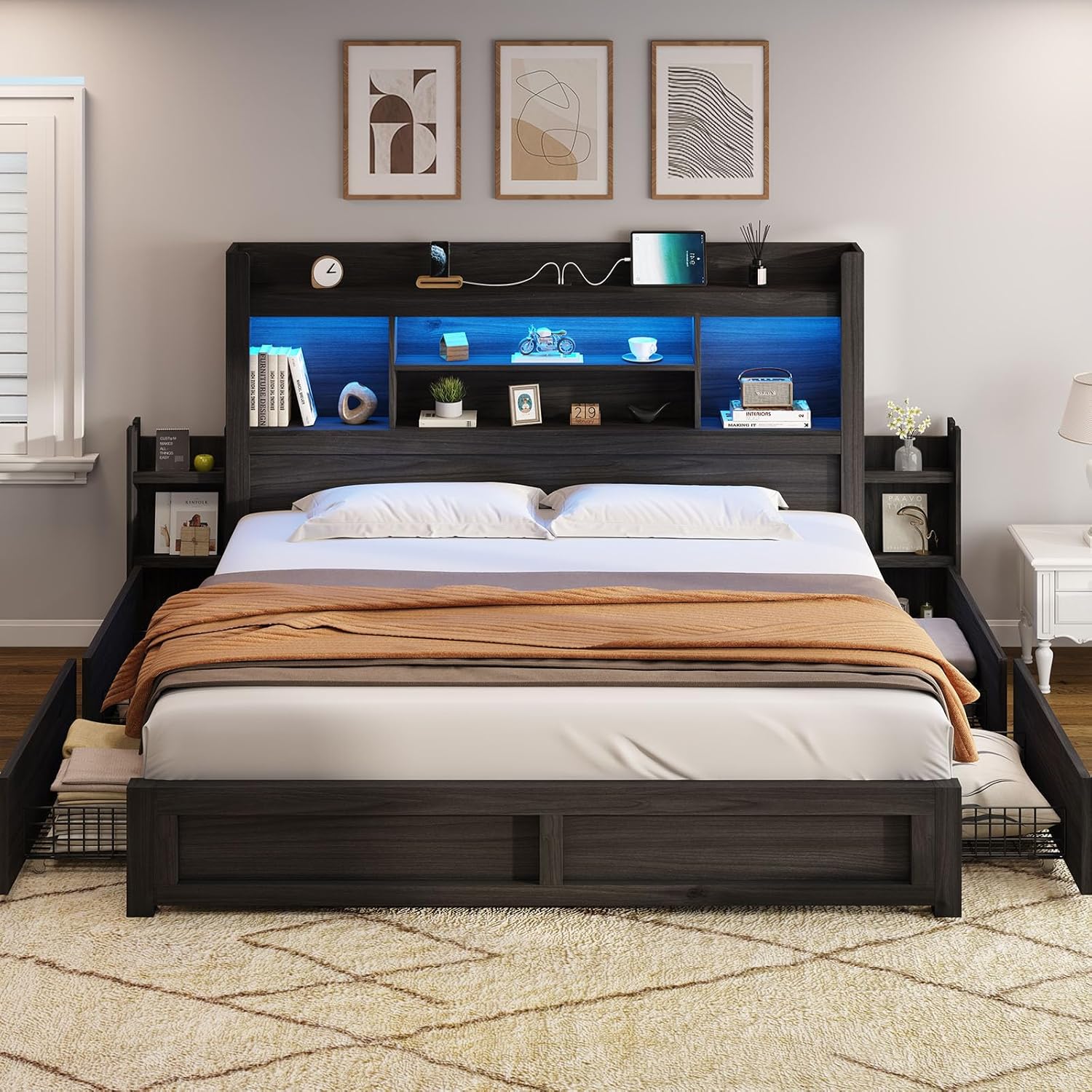 AMERLIFE King Size Bed Frame with 4 Storage Drawers, LED Bed Frame with 49.6' Tall Bookcase Headboard, Wood Platform Bed with Charging Station & 2 Slide Bedside Shelf, No Box Spring Needed/Black