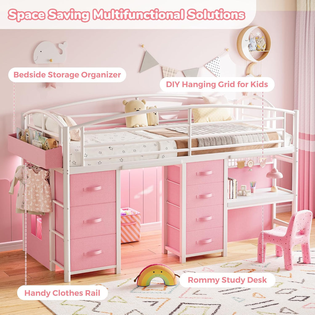 Low Loft Bed Twin Size with 7 Storage Drawers, Desk and LED Lights, Heavy Duty Metal Kids Loft Bed with 12' H Safety Guardrail, Anti-Collision Pad, Private Play Curtain, Under-Bed Play Space - Pink