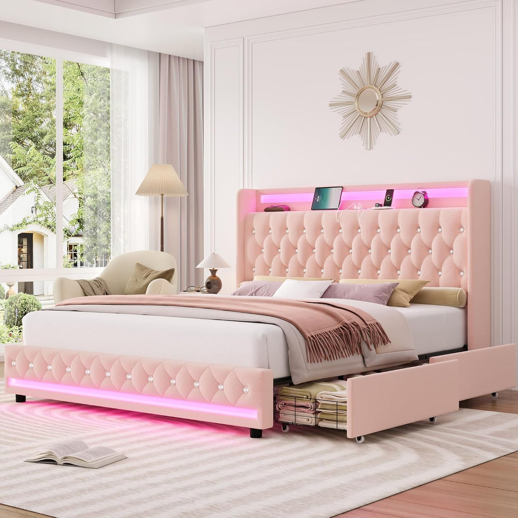 HIFIT Upholstered Queen LED Bed Frame with Charging Station and 2 Storage Drawers, Velvet Crystal Button-Tufted Wingback Headboard, Princess Platform Bed Frames for Girls, No Box Spring Needed, Pink