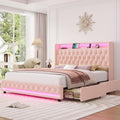 HIFIT Upholstered Queen LED Bed Frame with Charging Station and 2 Storage Drawers, Velvet Crystal Button-Tufted Wingback Headboard, Princess Platform Bed Frames for Girls, No Box Spring Needed, Pink