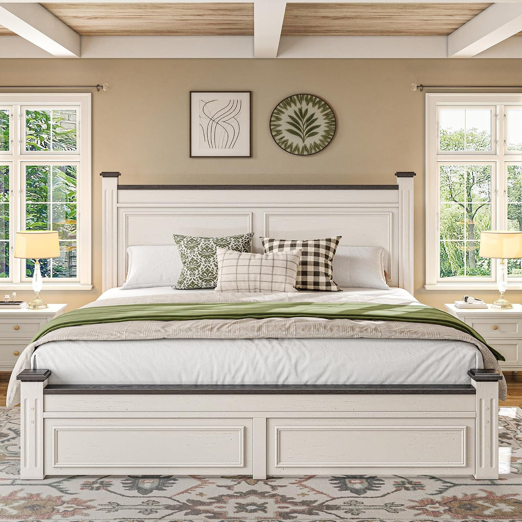 Homkdom Farmhouse King Size Bed Frame, 51' Tall King Bed Frame and Headboard, Bed Frame with 2 Storage Drawers, No Box Spring Needed, White