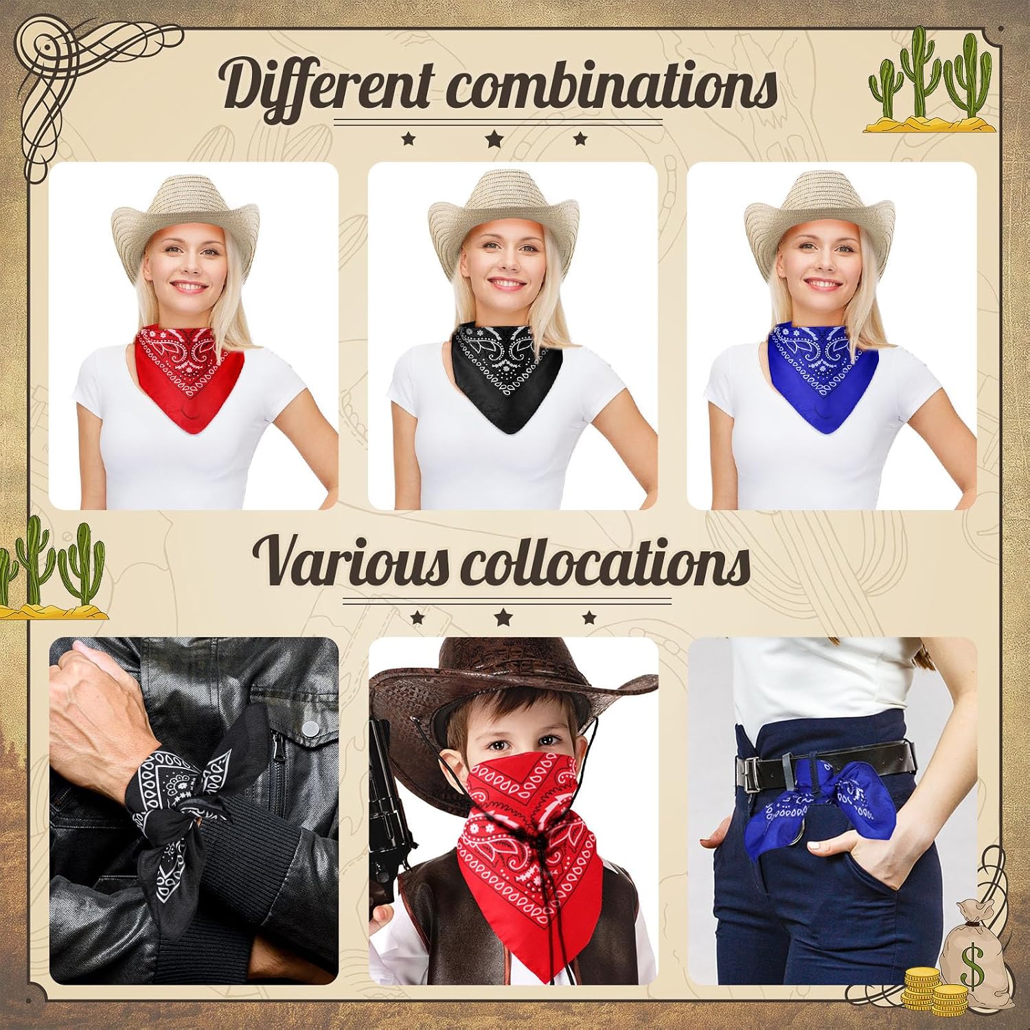 Unittype 48 Set Straw Cowboy Hats with Paisley Bandanas Set Rodeo Cowboy Party Accessories 48 Straw Hats Black Red Blue Bandanas for Western Birthday