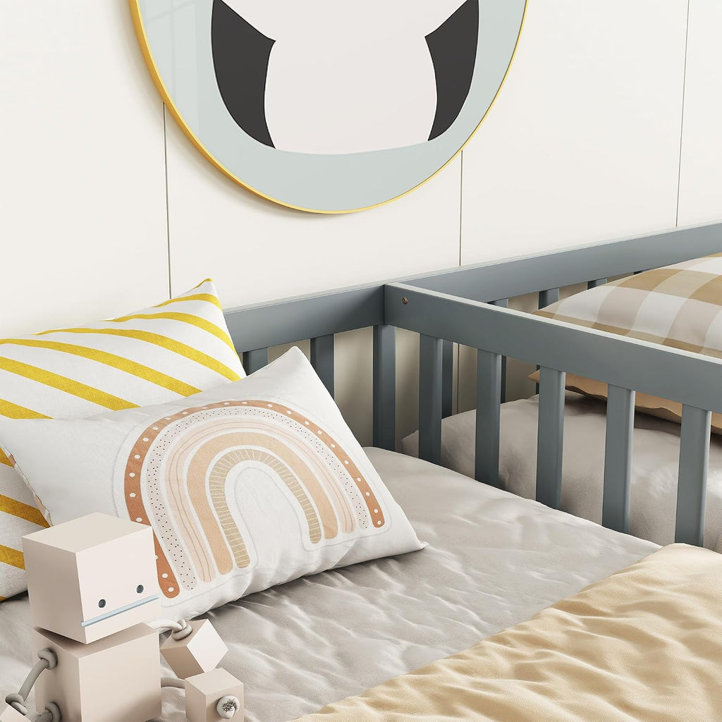 Double Floor Bed for Twins,Two Shared Beds,Twin Size Floor Bed for 2 Kids,Double Twin Bed with Guardrails for Girls,Boys,Gray