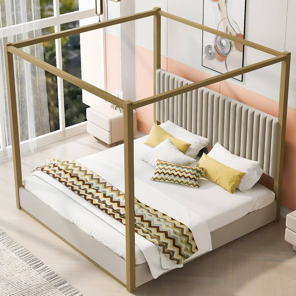 King Size Canopy Bed with Upholstered Headboard, 4-Poster Bed Frame with Metal Frame for Bedroom (Beige, King)