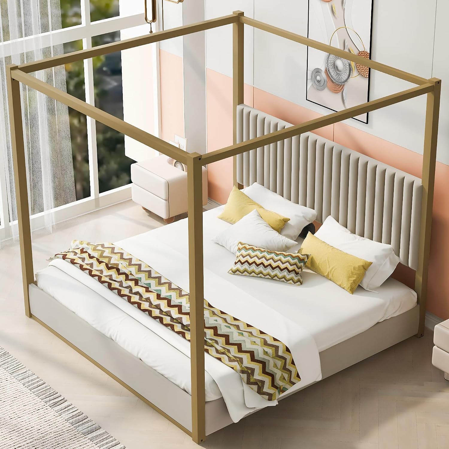 King Size Canopy Bed with Upholstered Headboard, 4-Poster Bed Frame with Metal Frame for Bedroom (Beige, King)