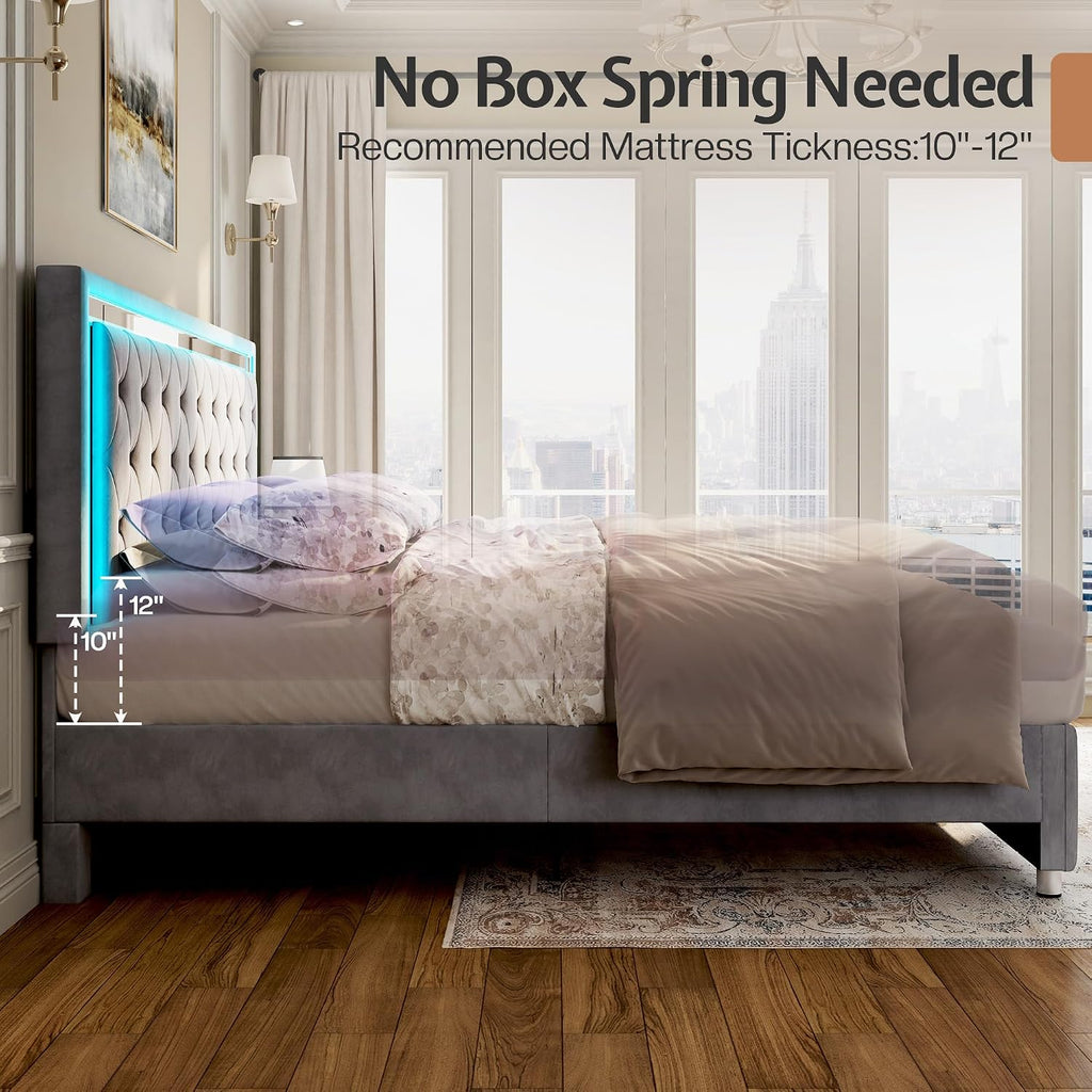 Jocisland Full Bed Frame with LED Lights Headboard&Footboard, Velvet Upholstered Full Size Platform Bed Frame No Box Spring Needed/Light Grey
