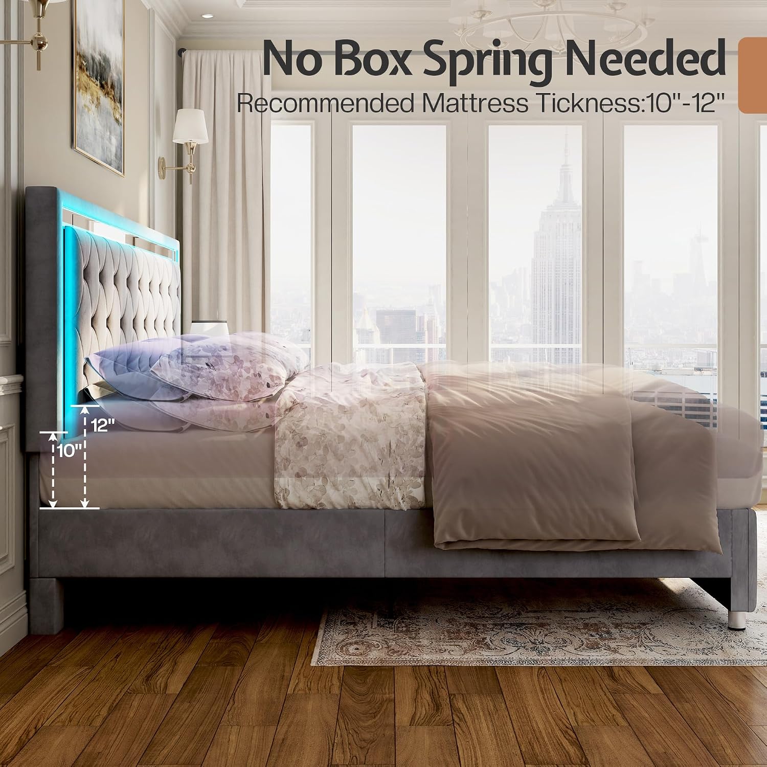 Jocisland Full Bed Frame with LED Lights Headboard&Footboard, Velvet Upholstered Full Size Platform Bed Frame No Box Spring Needed/Light Grey