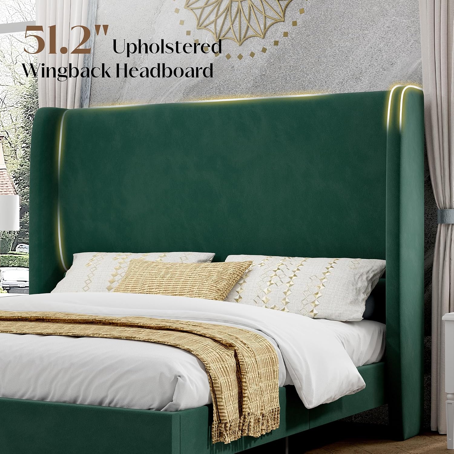 PaPaJet Full Size Bed Frame with 51.2' Wingback Headboard,Velvet Upholstered Platform Bed,Solid Wood Legs,No Box Spring Needed,Noise-Free&Easy Assembly,for Teen Girls, Dorm, Small Bedroom,Green
