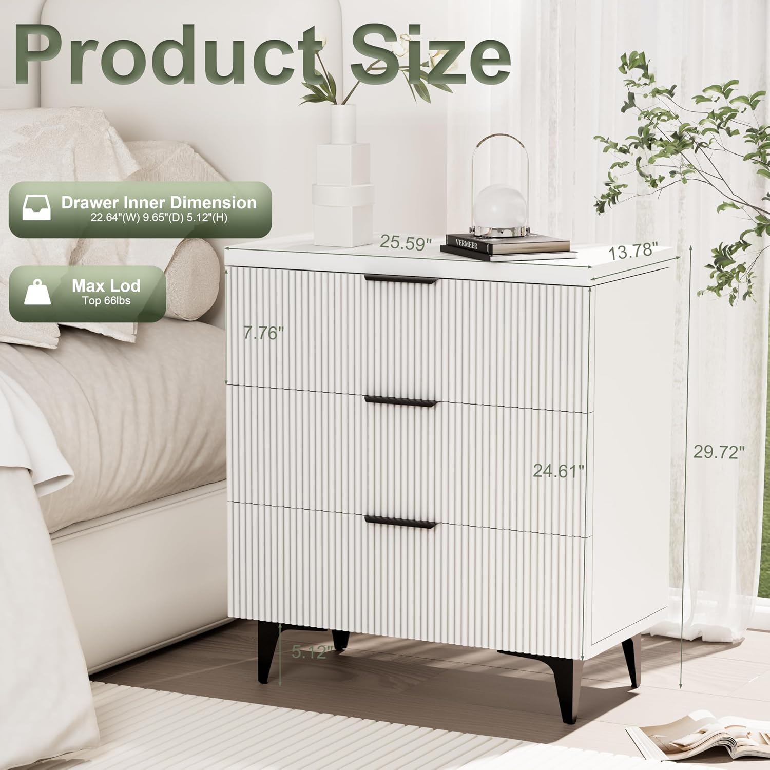 Royal Windsor Large Night Stand Fluted Nightstand with 3 Drawers, Side End Table with Storage, Modern Oversized Nightstands Bedside Table for Bedroom, White