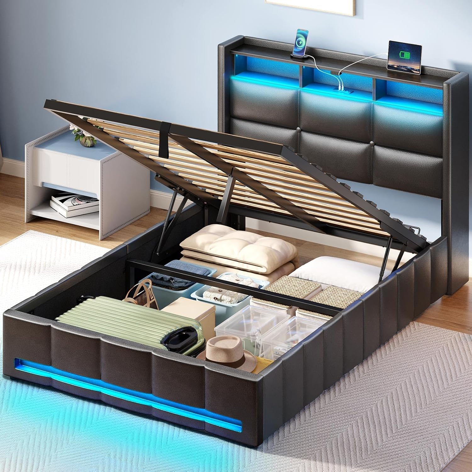 Rolanstar Bed Frame Twin Size with Lift Up Storage, Charging Station & LED Lights, Upholstered Storage Headboard, Heavy Duty Wooden Slats, No Box Spring Needed, Noise Free, Easy Assembly, Black