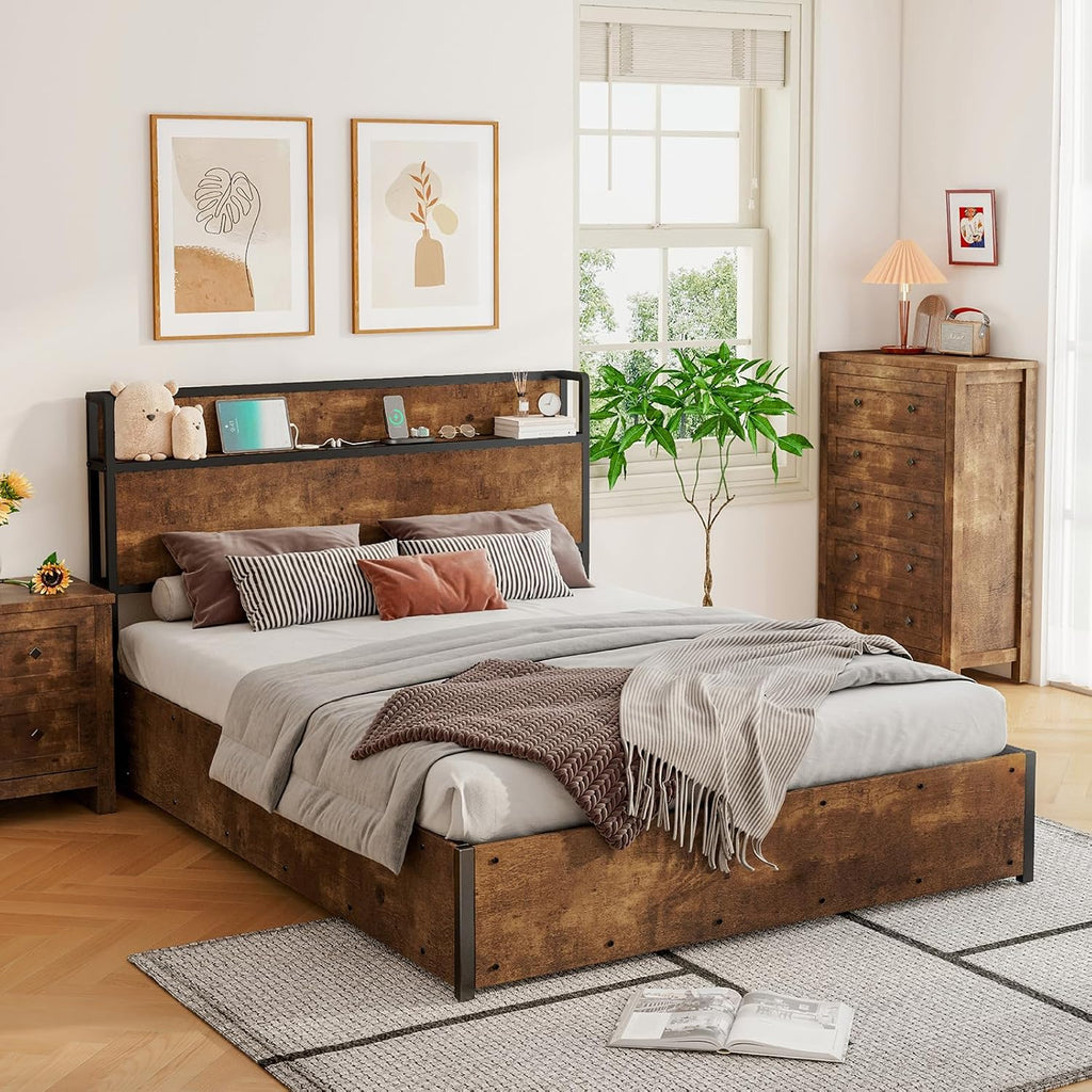LUXOAK Full Size Lift Up Storage Bed, Wood Platform Bed Frame with Storage Headboard & Charging Station, No Box Spring Needed, Easy Assembly, Rustic Brown