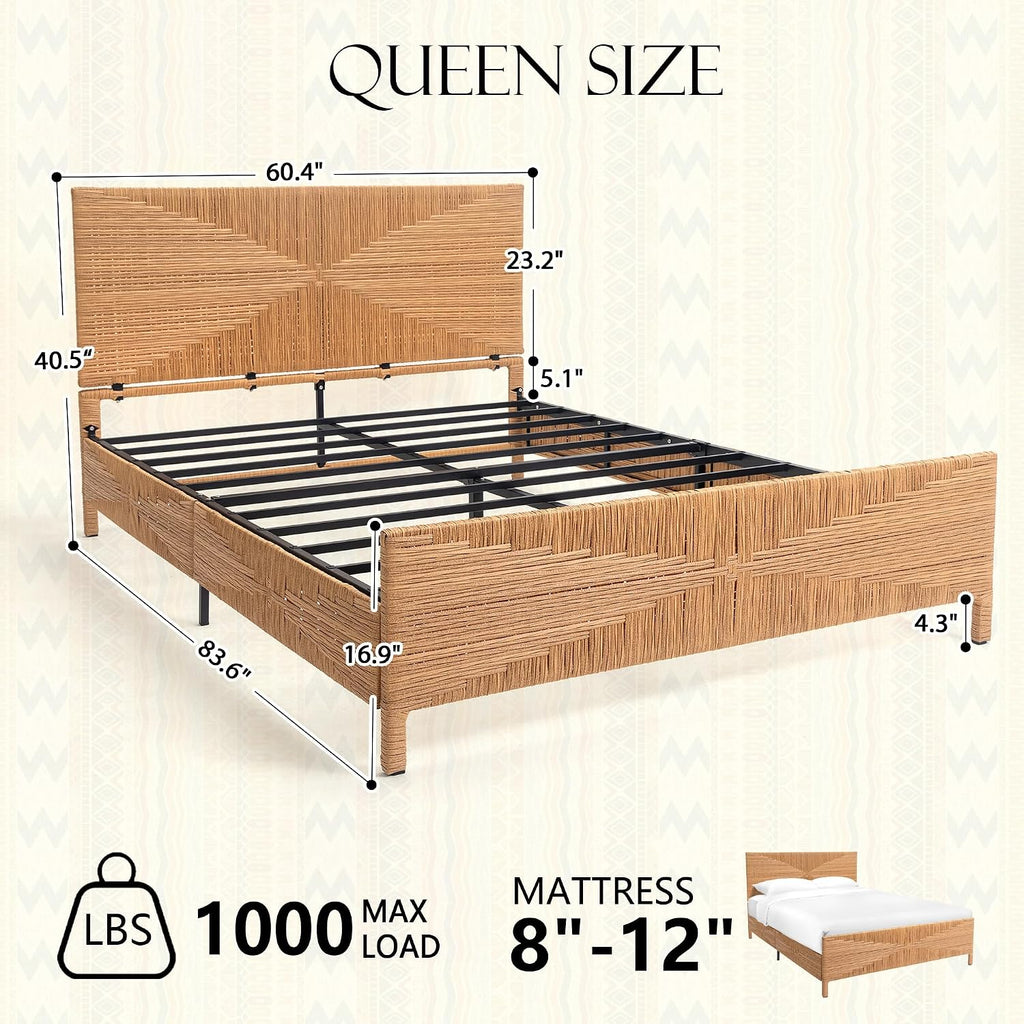 Yechen Queen Rattan Style Boho Bed Frame with Headboard and Footboard, Mid Century Modern Hand-Woven Wicker Bedframe with Vintage Pattern, Bamboo Bed with Metal Slats, No Box Spring Needed, 1000lbs