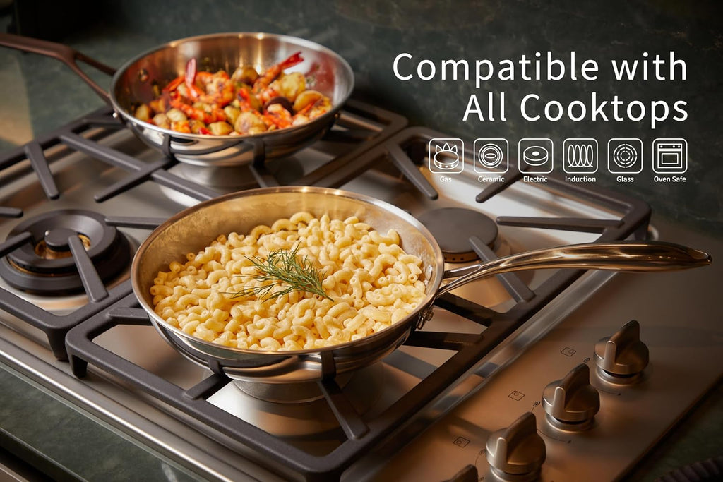 10 Piece Stainless Steel Pot and Pan Set, 5 Ply Clad, Includes Frying Pans, Saucepans, Saute Pan and Stock Pot, Compatible with All Cooktops, PTFE, PFAS and PFOA Free