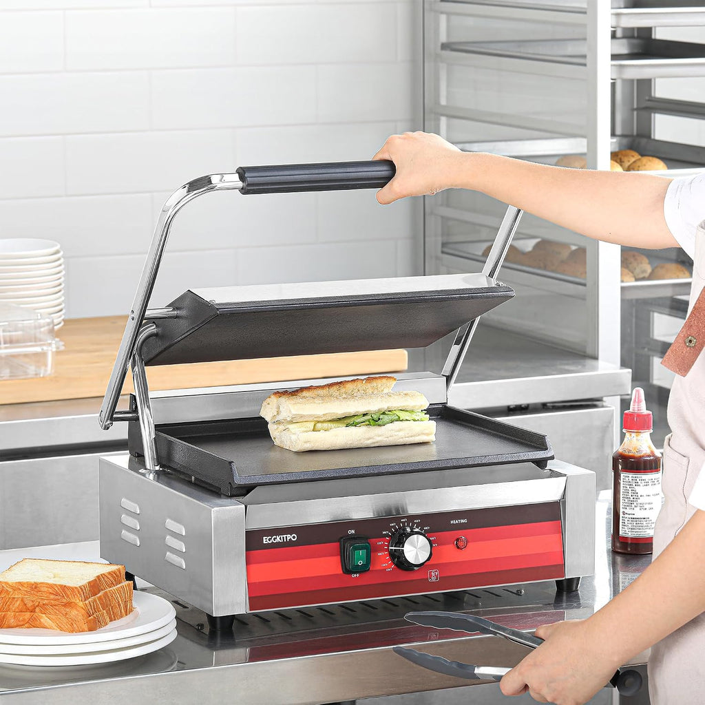 EGGKITPO Commercial Electric Panini Grill with Flat Plates Stainless Steel Sandwich Maker 14'× 9.5' Cast Iron Enamel Plate Countertop Panini Press with Temperature Control for Business 110V 1700W
