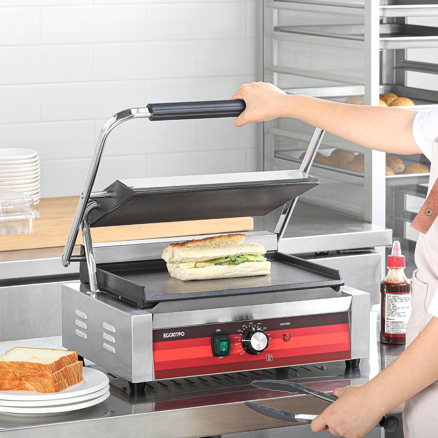 EGGKITPO Commercial Electric Panini Grill with Flat Plates Stainless Steel Sandwich Maker 14'× 9.5' Cast Iron Enamel Plate Countertop Panini Press with Temperature Control for Business 110V 1700W