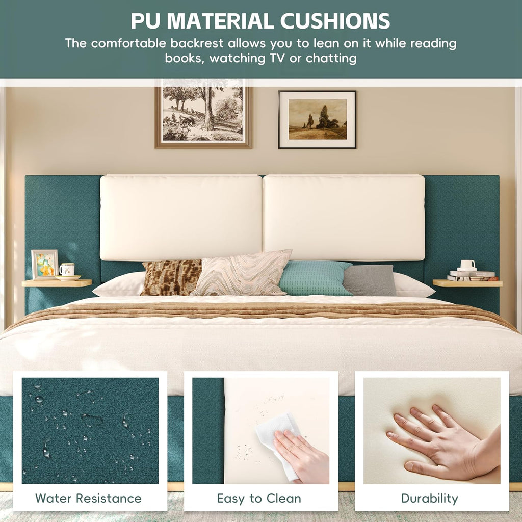 Merax King Size Upholstered Platform Bed Frame with Large PU Leather Headboard and Bothside Shelves, Modern Bedroom Furniture & Solid Wood Slats Support, No Box Spring Needed, Easy Assembly, Green