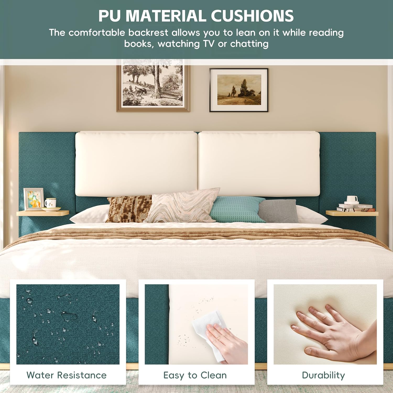 Merax King Size Upholstered Platform Bed Frame with Large PU Leather Headboard and Bothside Shelves, Modern Bedroom Furniture & Solid Wood Slats Support, No Box Spring Needed, Easy Assembly, Green