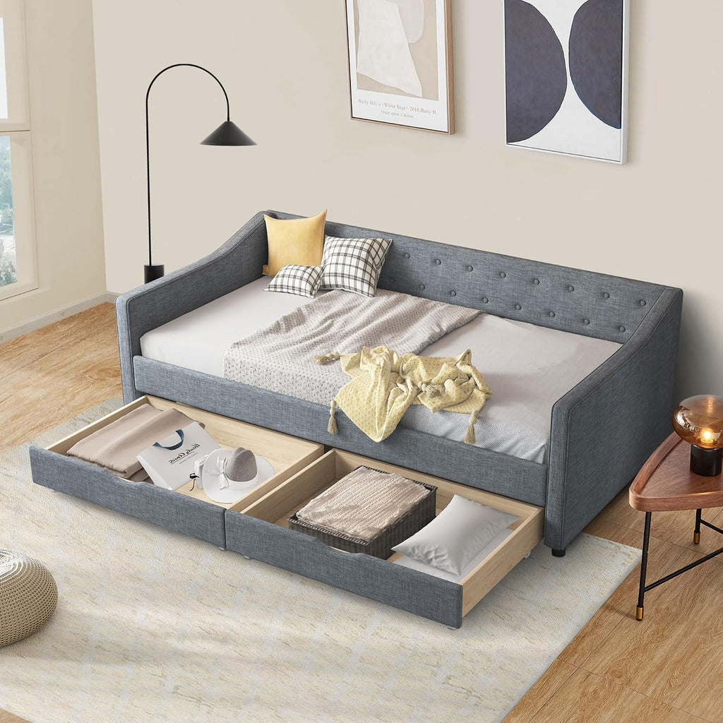 Ball & Cast Twin Size Daybed with Two Drawers and Linen Upholstered,Wood Bed Frame w/Button Tufted Back and Waved Shape Arms,Slats Support,for Apartment,Bedroom,Light Grey