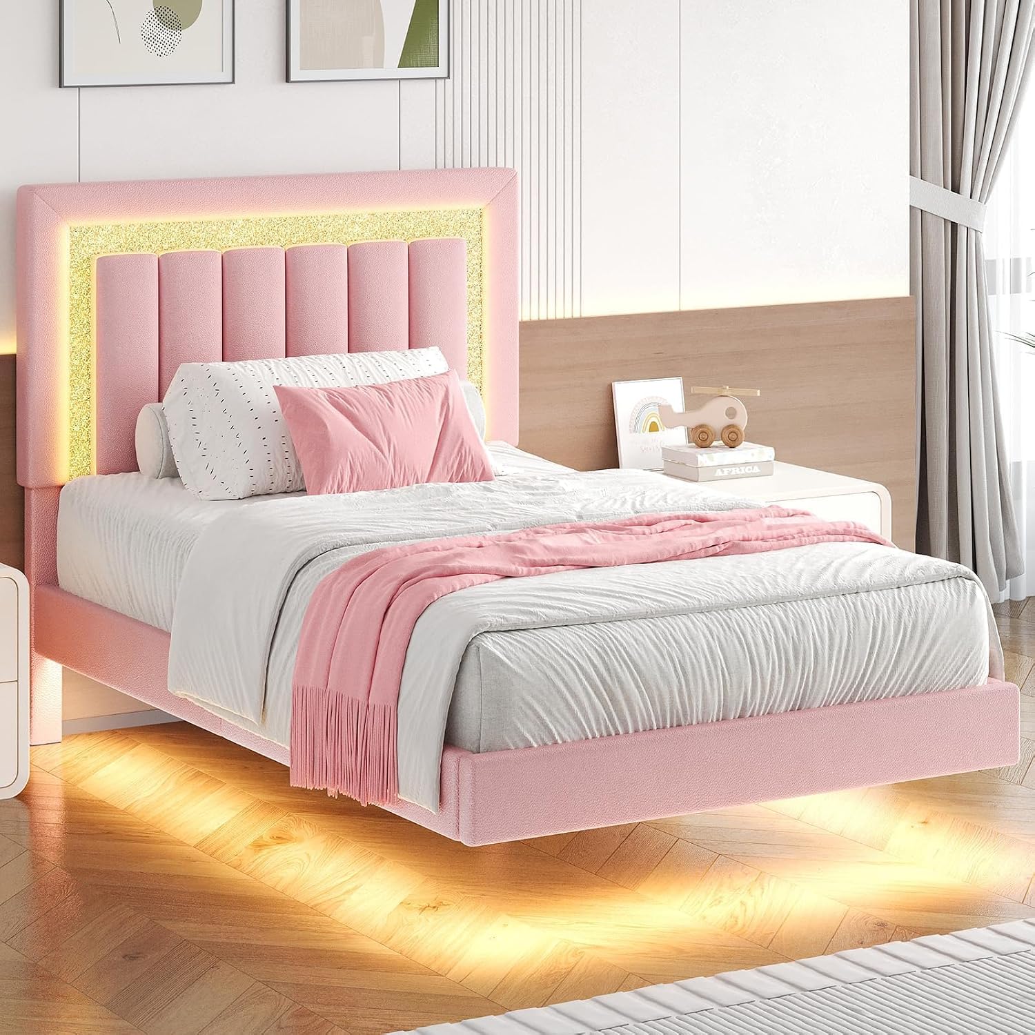 HOMBCK Floating Twin Bed Frame with LED Lights, Faux Leather Upholstered Bed Frame Twin with Diamond Headboard, No Box Spring Needed, Noise-Free, Easy Assembly, Pink