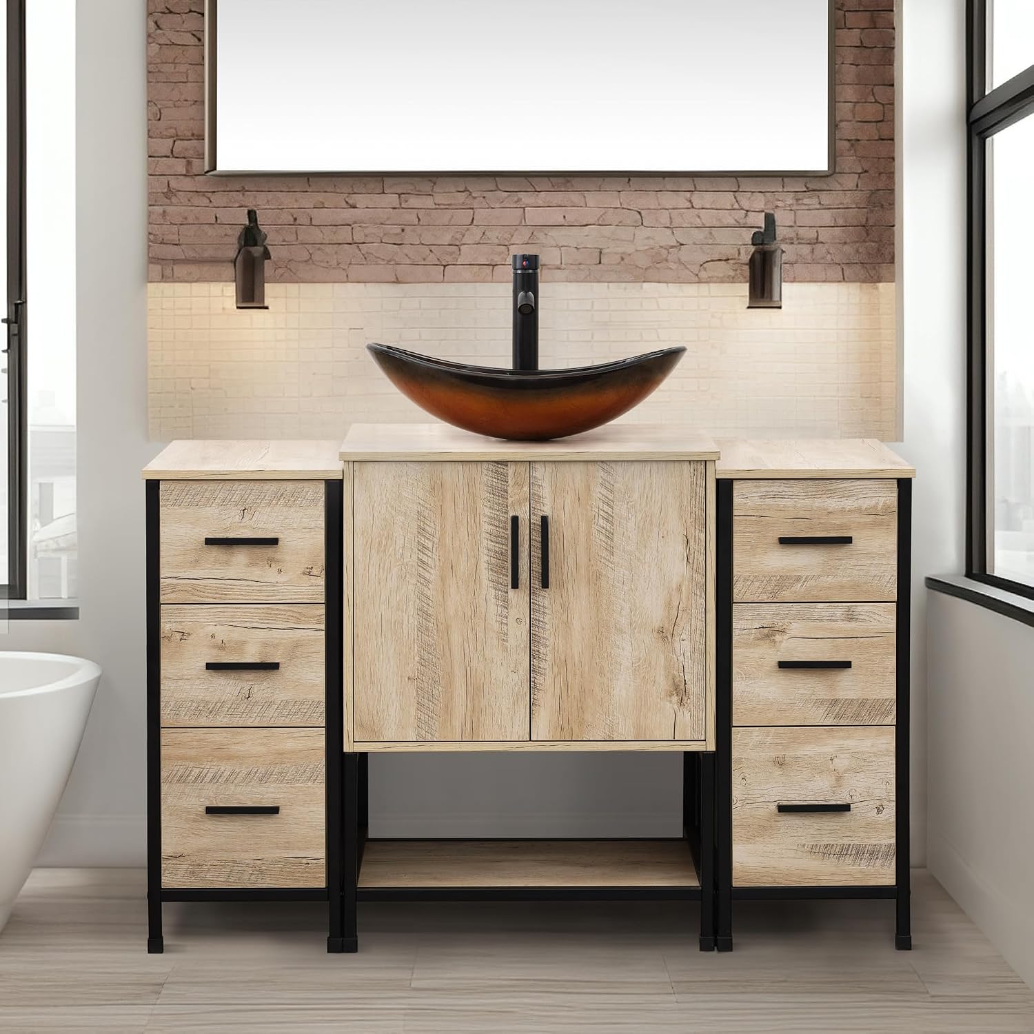 UEV 48' Rustic Oak Bathroom Vanity with Sink Combo,Industrial Iron Frame Bathroom Cabinet Sets with Double 3 Drawers Side Cabinet,Modern Brown Boat Tempered Glass Vessel Sink(029BR)