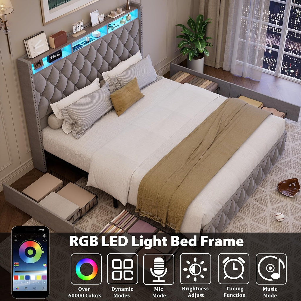 GarveeHome King Size Bed Frame with 50.8' Tall Headboard, Platform Velvet Upholstered Bed Frame with 4 Storage Drawers, USB Charging Station, Led Lights, No Box Spring Needed, Easy Assembly, Dark Grey